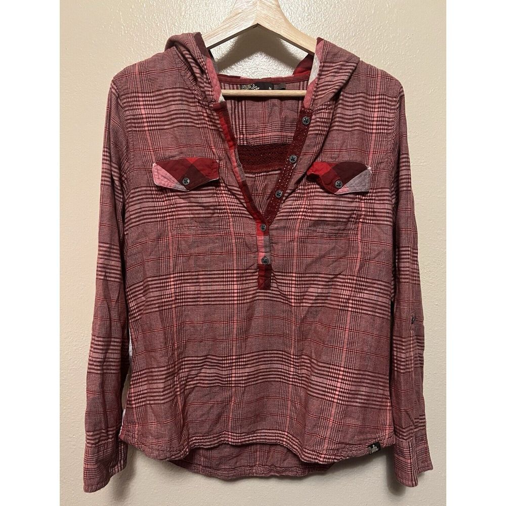 Prana Anja Roll Tabs Long Sleeve Plaid Lace Buttons Up Hoodie Red Shirt Womens M